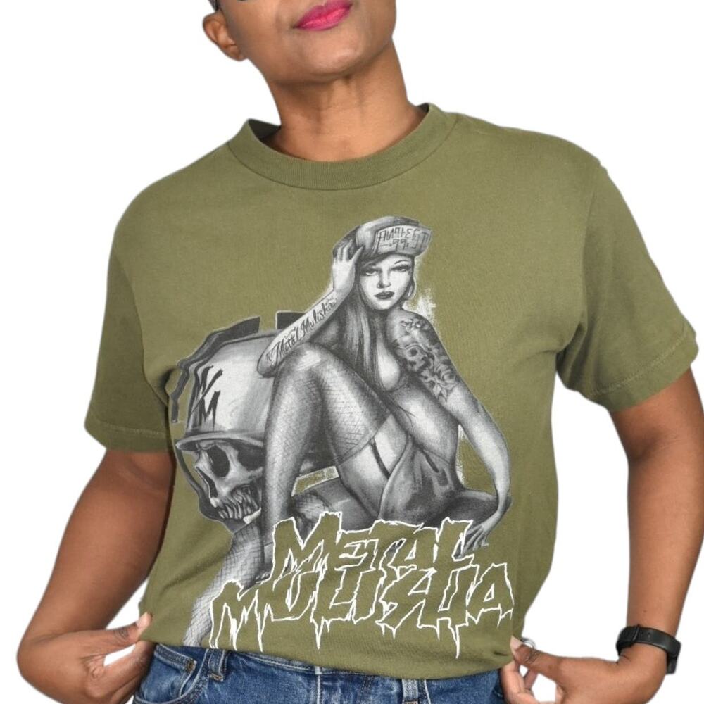 Vintage Metal Mulisha Skull Graphic Tee Green T Shirt Airbrush Tattoo Girl Small